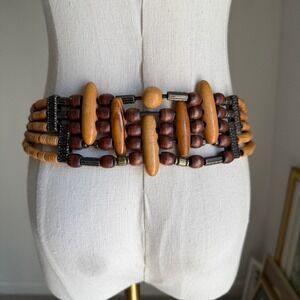 Vintage 80s‎ Statement Belt Wood Bead Metal Chain Bronze Boho Waist Accessory